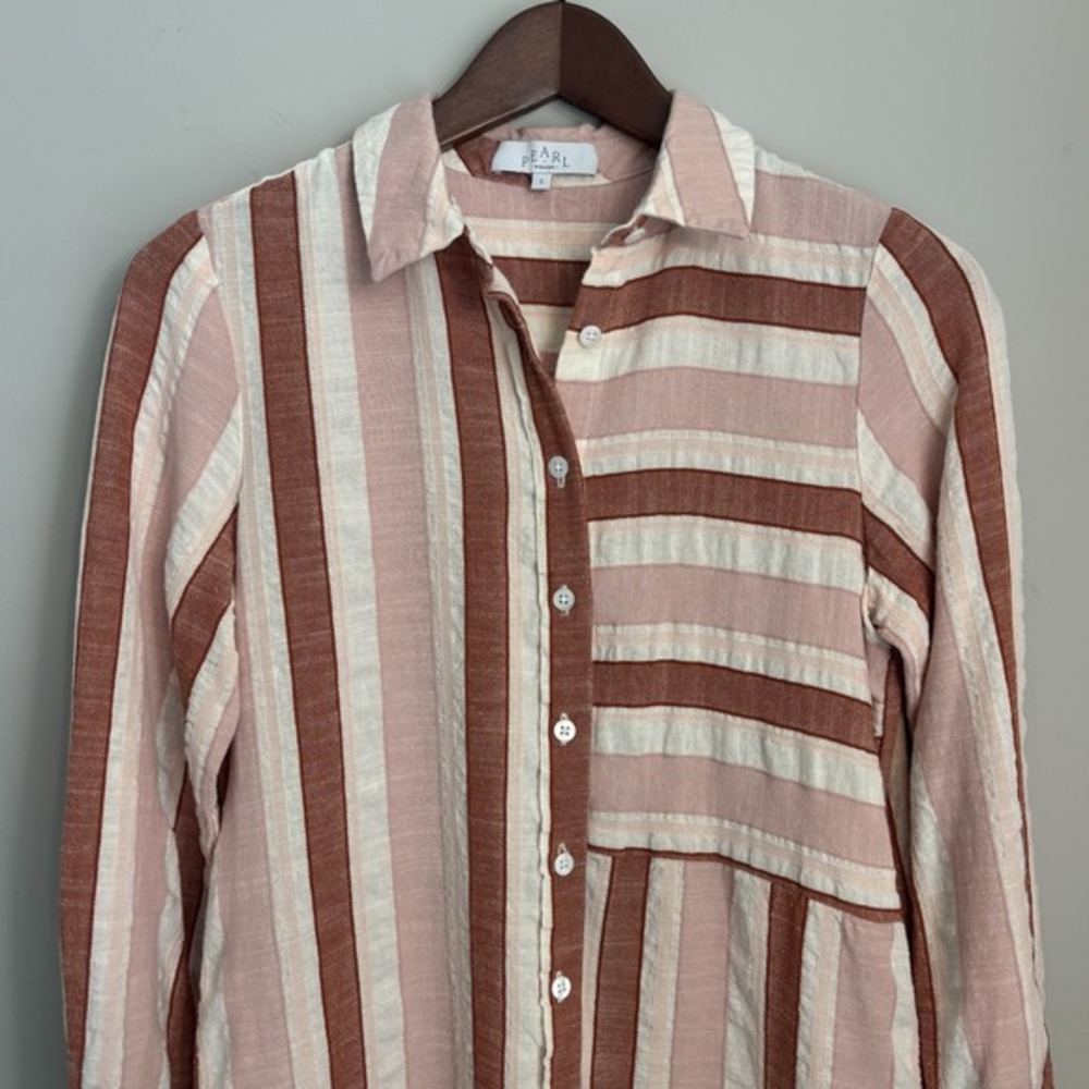 PEARL By Lela Rose Shirt Dress Size S Striped Midi Buttons Linen Neutral Classic - Picture 2 of 11